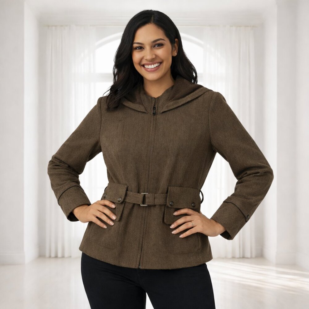Simon Chang Brown Belted Hooded Jacket | Size 8 | Lined Zip-Up Coat with Hood